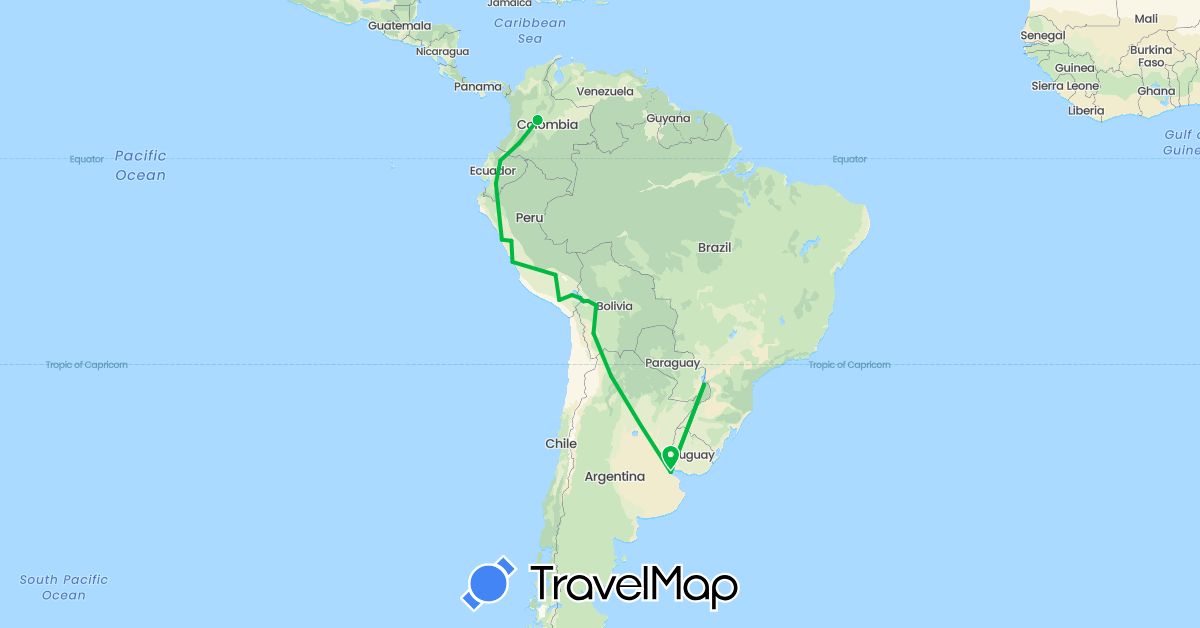 TravelMap itinerary: bus in Argentina, Bolivia, Colombia, Ecuador, Peru (South America)